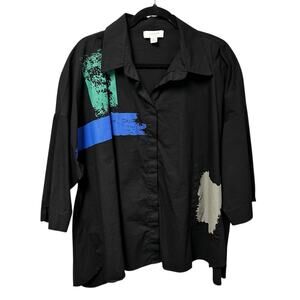 Luukaa Light Black Blue Green Abstract Print Button Up Top Womens US 16
